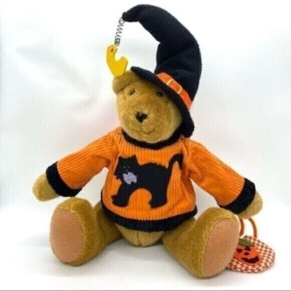Vintage Halloween Jointed Teddy Bear Felt Paws Plush Pumpkin Witch